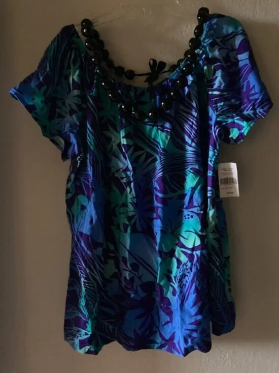 HILO HATTIE HAWAIIAN ORIGINAL ALOHA BLOUSE PEASANT FLOWER MADE IN HAWAII NWT L - Picture 2 of 9